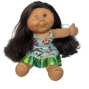 Charming Cabbage Patch Doll with Long Black Hair and Striped Dress